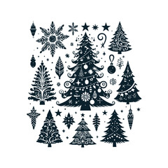 Set of Christmas christmas trees ornament decoration silhouette vector art illustration on a white background