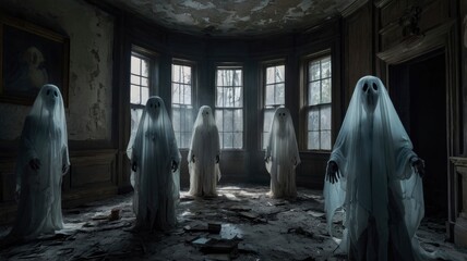 group of scary halloween ghosts in hunted house