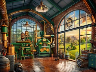 Obraz premium A steampunk fortified dairy farm with intricate mechanical milking machines and secure barns, set in an industrial rural setting, Steampunk, Digital Art