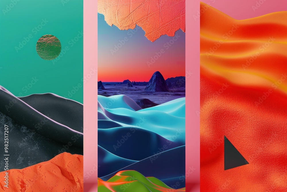 Poster abstract landscape with vibrant colors, featuring wave like forms and layered textures, set against 