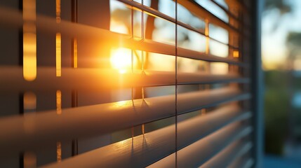  Golden sunset beams through window blinds, casting warm, glowing rays across the room, creating a tranquil and peaceful atmosphere.