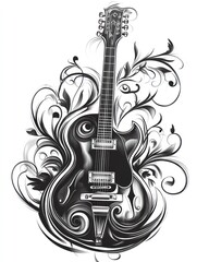 A black and white illustration of an electric guitar with ornate floral designs.