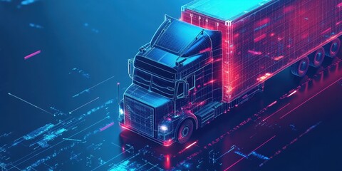 Futuristic truck with neon lights, showcasing advanced technology and digital design in transportation.