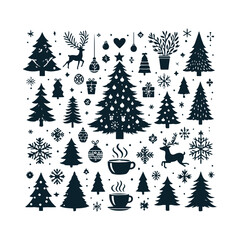 Fototapeta premium Set of Christmas christmas trees ornament decoration silhouette vector art illustration on a white background