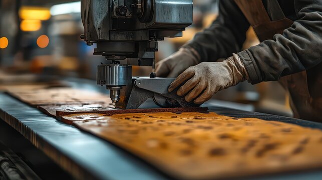  worker operates a press machine to cut and shape leather material in a factory, focusing on accuracy in the leather production process.