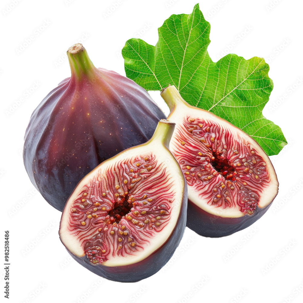Poster one whole fig and two figs cut in half showing the inside with a fig leaf behind isolated on white