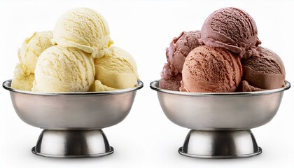 Classic flavour Ice cream double triple scoop on retro metal stainless steel dessert bowl on transparent background cutout, PNG file. Many different flavour Mockup template for artwork design