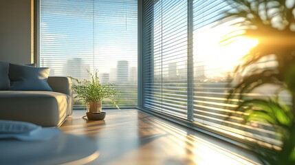 Fototapeta premium Modern living room with floor-to-ceiling windows and soft sunlight, creating a tranquil atmosphere with urban views and natural indoor plants.