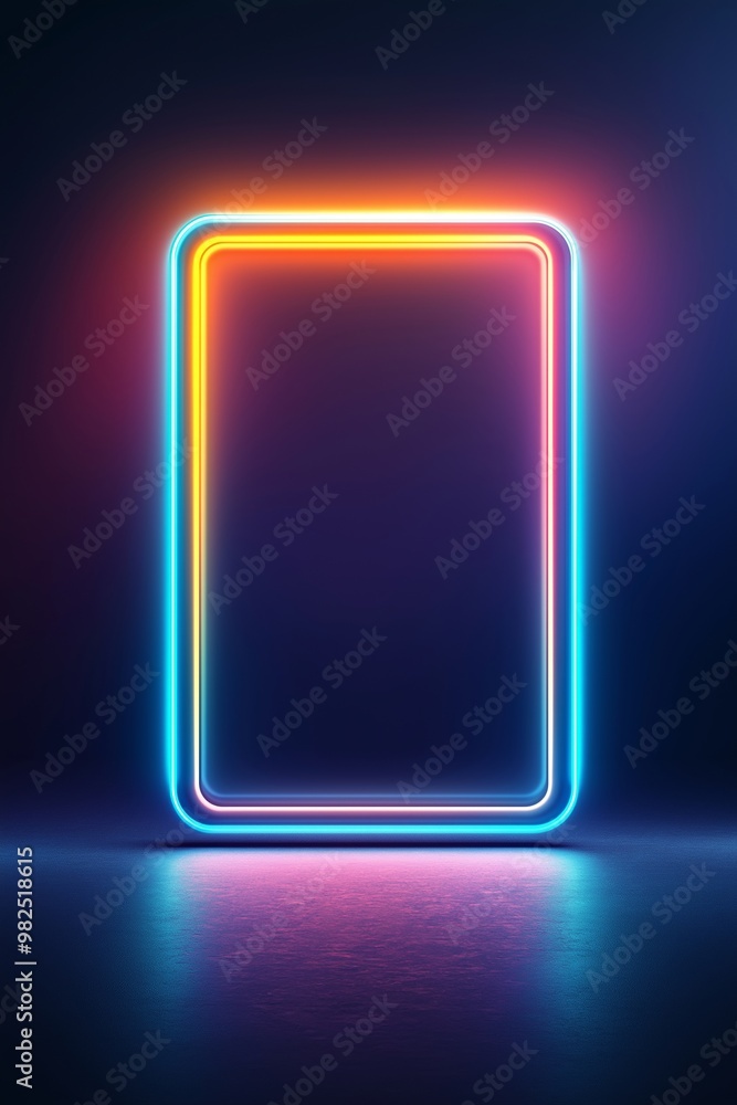 Fototapete glowing neon rectangle frame on dark background. retro futuristic concept. image for poster and game