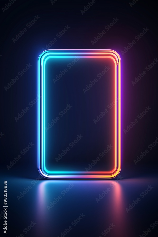 Fototapete glowing neon rectangle frame on dark background. retro futuristic concept. image for poster and game
