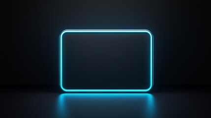 Glowing neon rectangle frame on dark background. Retro futuristic concept. Image for poster and game interface. Front view with reflection effect and copy space.