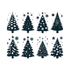 Set of Christmas christmas trees ornament decoration silhouette vector art illustration on a white background