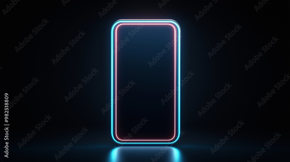 Fototapete glowing neon rectangle frame on dark background. retro futuristic concept. image for poster and game
