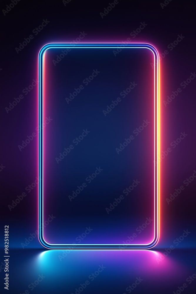 Fototapete glowing neon rectangle frame on dark background. retro futuristic concept. image for poster and game