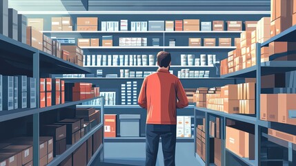 Warehouse worker overseeing shelves full of packages, representing the logistics and organization required in large-scale storage and distribution centers.