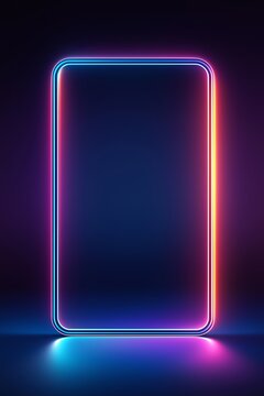 Glowing neon rectangle frame on dark background. Retro futuristic concept. Image for poster and game interface. Front view with reflection effect and copy space.