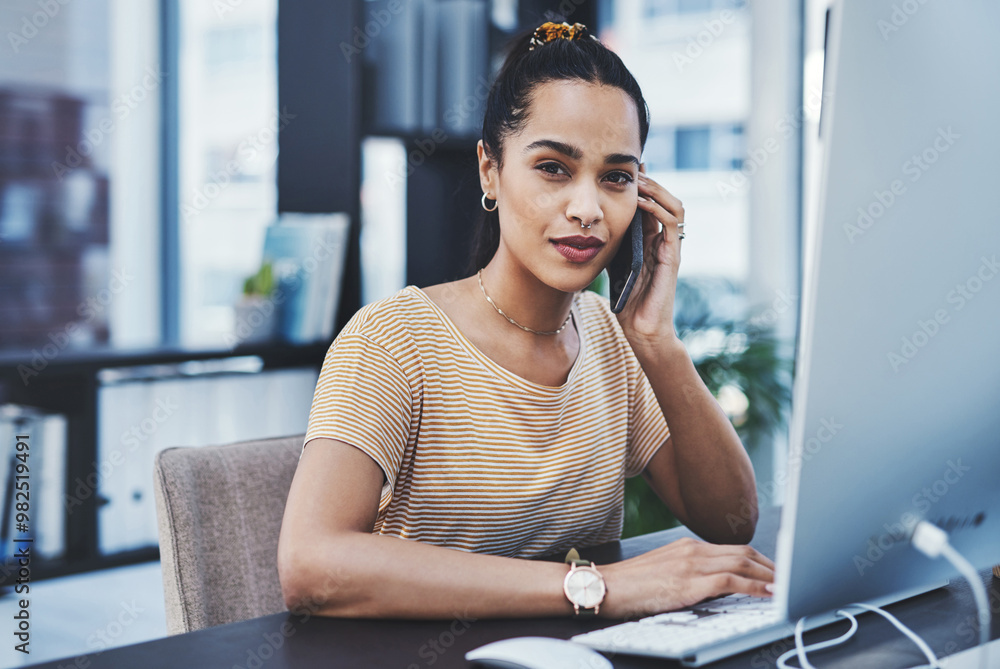 Poster Phone call, computer and portrait of woman in office with networking, communication and contact. Connectivity, job and female web developer on mobile discussion for coding information with technology