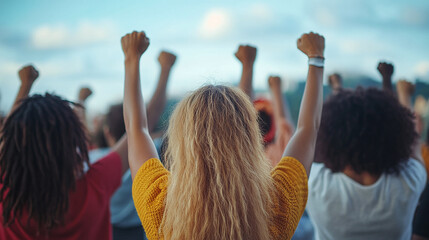 Fototapeta premium Multi ethnic people raising their fists up in the air