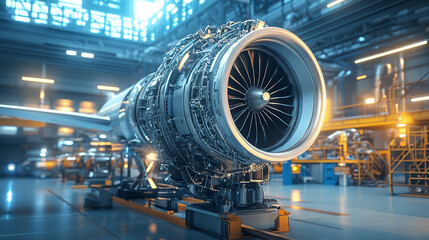Obraz premium Modern industrial jet engine in a high tech futuristic factory