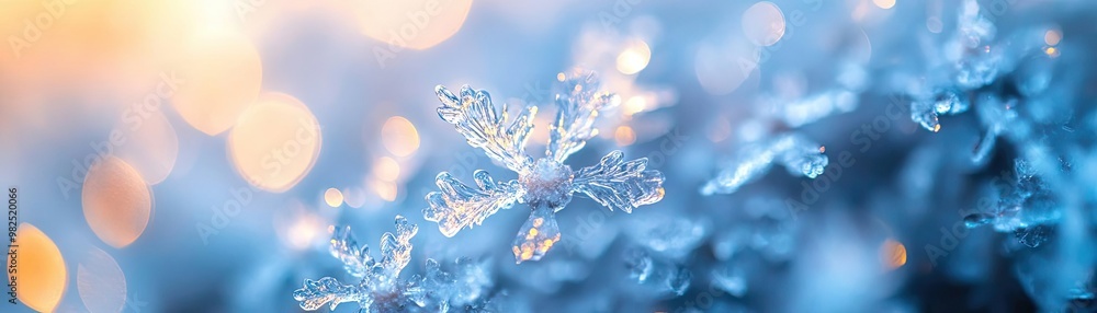 Poster a close-up view of intricate snowflakes glistening in the light, showcasing their unique patterns an