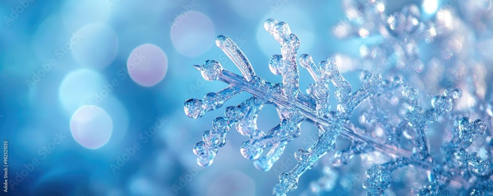 Poster Close-up of a delicate snowflake with shimmering details, set against a soft blue bokeh background, evoking winter beauty.