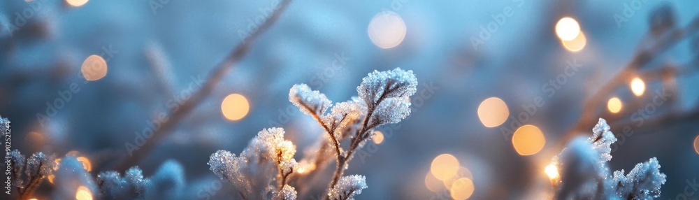 Poster beautiful frosted branches twinkle with warm lights, creating a serene winter atmosphere perfect for