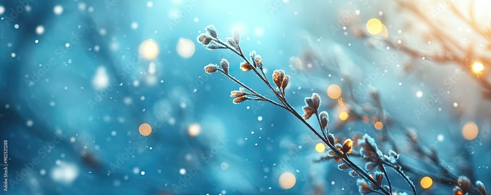 Aufkleber A serene winter scene featuring a delicate branch adorned with snowflakes and soft bokeh lights creating a magical atmosphere.
