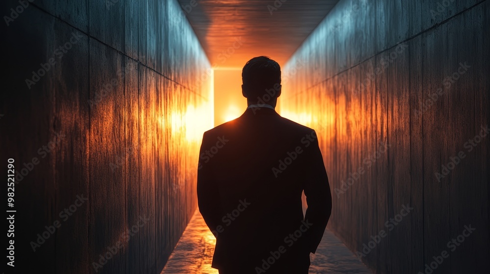 Wall mural a man in a suit is walking down a dark hallway