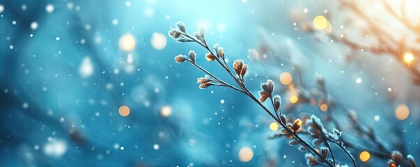 A serene winter scene featuring a delicate branch adorned with snowflakes and soft bokeh lights creating a magical atmosphere.