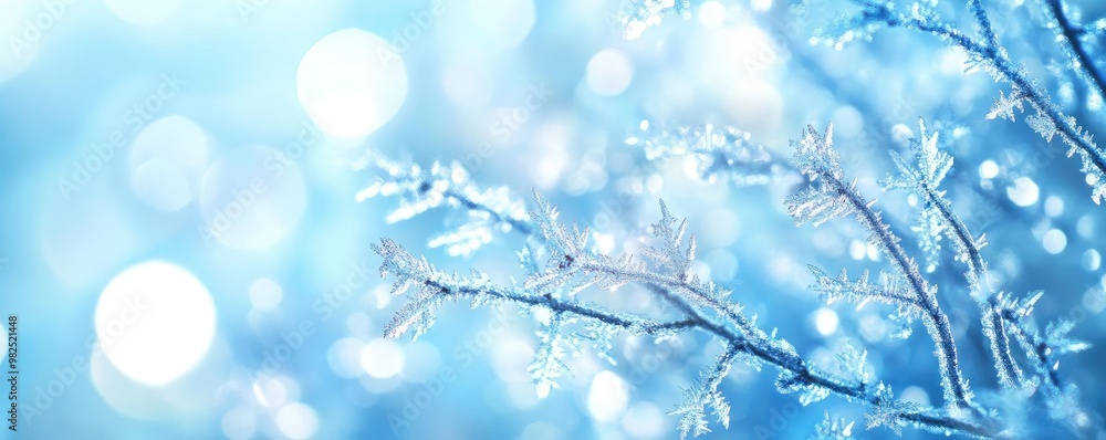 Poster beautiful winter scene with frosty branches and shimmering blue background, creating a serene and ma