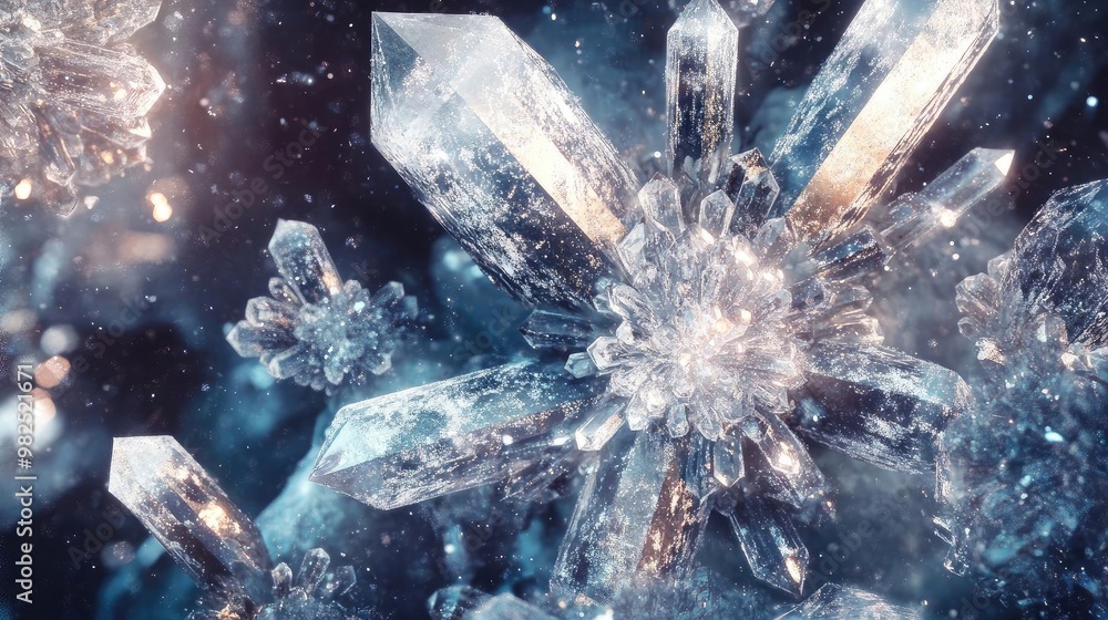 Poster close-up view of stunning ice crystals showcasing intricate patterns and sparkling reflections, idea