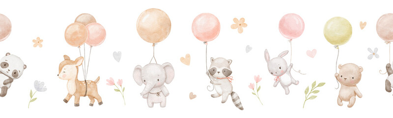 Seamless watercolor border with cute baby panda, elephant and bunny. Funny animals are flying with balloons in clouds. Hand drawn illustrations set