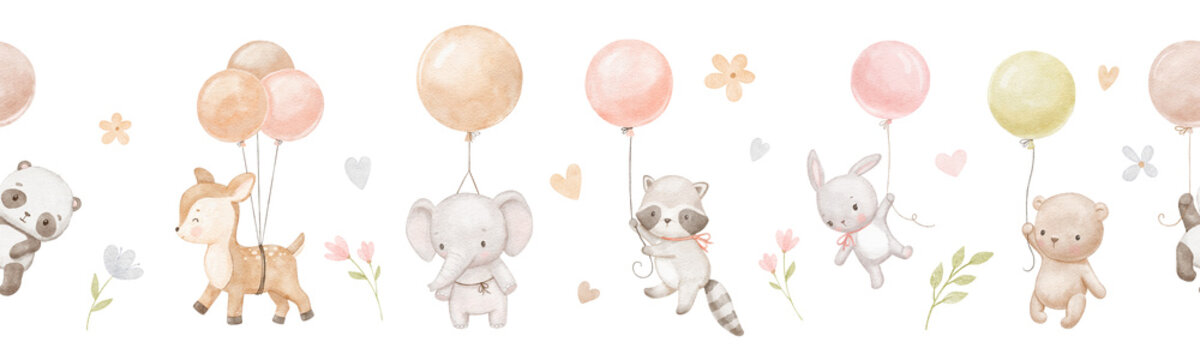 Fototapeta Seamless watercolor border with cute baby panda, elephant and bunny. Funny animals are flying with balloons in clouds. Hand drawn illustrations set
