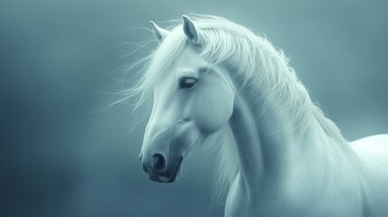 Naklejka premium A white horse with a long mane and a black nose