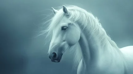 Papier peint photo  A white horse with a long mane and a black nose  © Tyoma