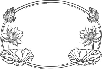 Lotus flower outline, round frame decorative. illustration in Hand Drawn Sketch style.