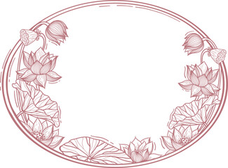 Lotus flower outline, round frame decorative. illustration in Hand Drawn Sketch style.