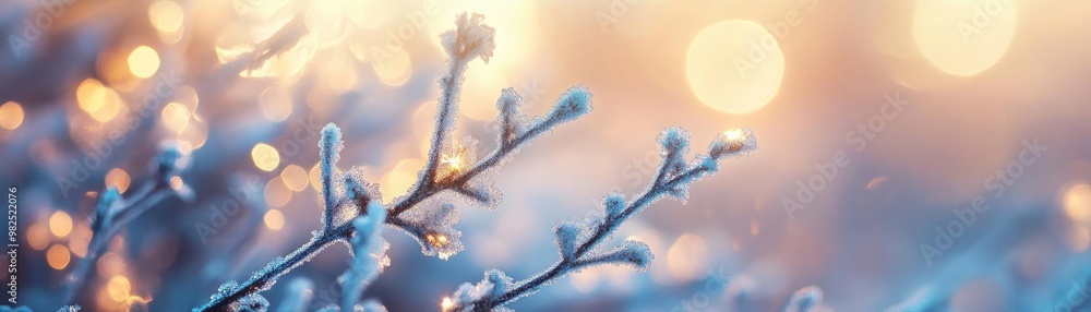 Poster Sparkling frost on branches creates a magical winter atmosphere, illuminated by soft, warm bokeh lights in the background.