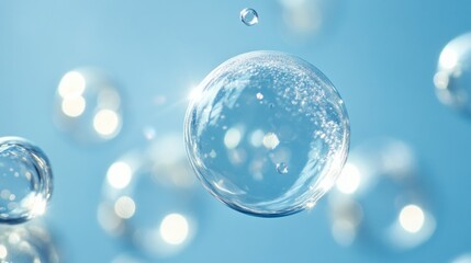 Crystal-clear bubbles gently moving on a soft pastel sky blue background.