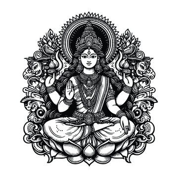 hand drawn illustration of goddess Lakshmi. engraving black and white Indian God vector illustration isolated background