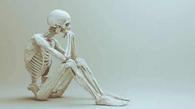 A skeleton is sitting on the ground with its hands clasped in its lap