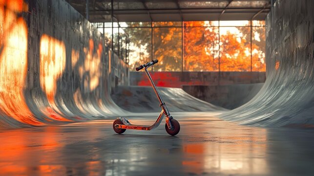 patinete cromado parado em uma pista de skate