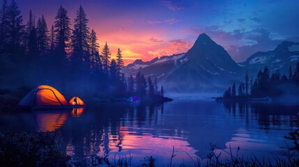 Retro camping by a lake, neon tents reflecting in the water, distant mountain range silhouetted against a dusky sky