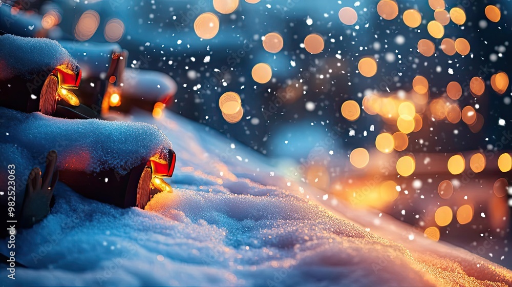 Poster warm holiday lights glimmering in the soft snowfall, creating a cozy winter atmosphere amid sparklin