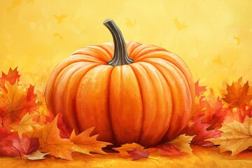 Flowing leaves and tendrils of an orange pumpkin isolated on a light yellow background. Modern illustration.
