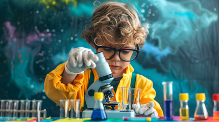 A young child, dressed as a mad scientist, enthusiastically conducts experiments using a toy microscope and colorful test tubes filled with liquids