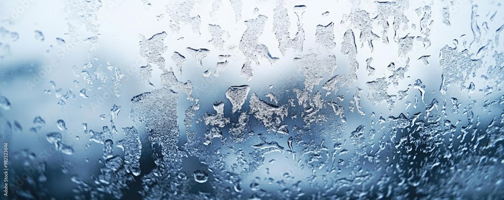 Poster Close-up of water droplets on glass, creating an abstract pattern, evoking a sense of calm and introspection during rainy weather.