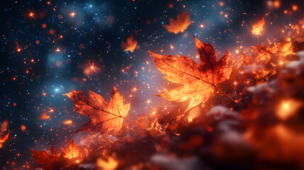 Fototapeta premium Glowing autumn leaves fall through a starry night sky. A magical, dreamy atmosphere.