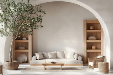 Interior of light living room with sofa, olive tree and shelf units
