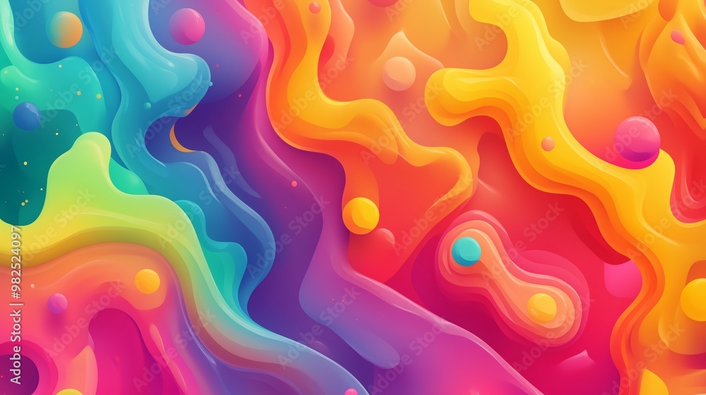 Poster colorful abstract swirling patterns with vibrant gradients and spheres in a dynamic flow of hues and